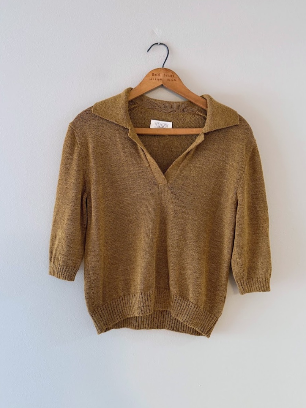 TOAST mustard cotton/wool short sleeve collared sweater, S, EUC